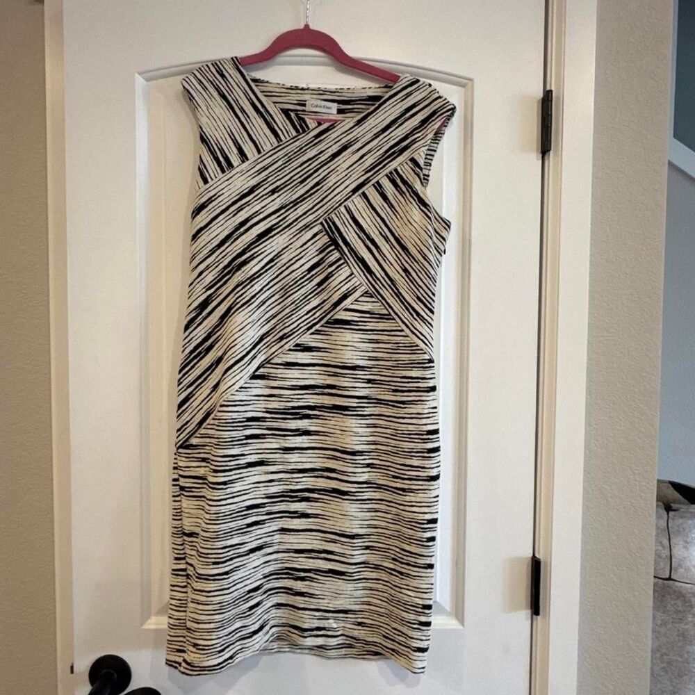 Calvin Klein Knee Length Textured cross front dress with hidden zipper
